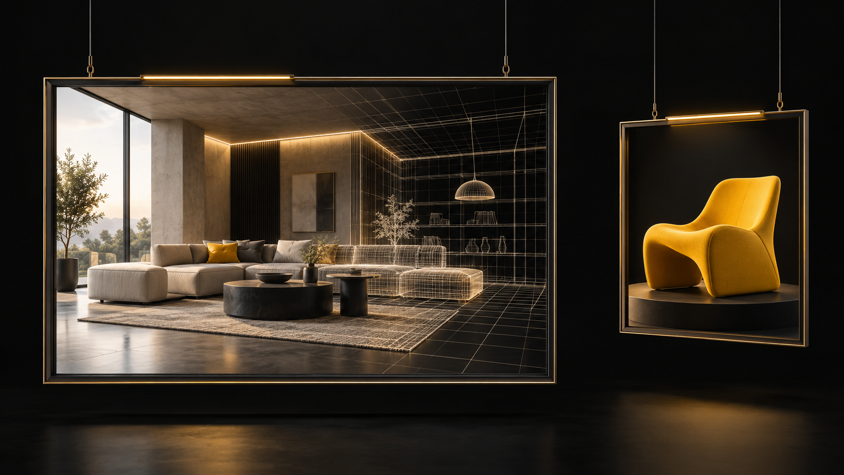 Dos marcos separados: una habitación entre render y líneas de construcción, y una silla amarilla como producto anunciado.