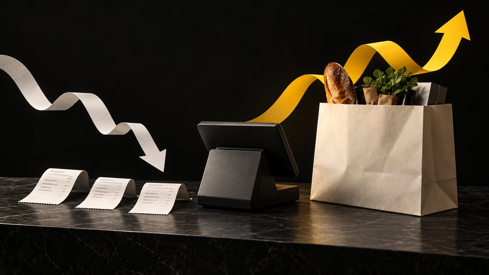 Terminal de cobro y tres recibos junto a una bolsa de compras; flechas de papel señalan tendencias distintas.