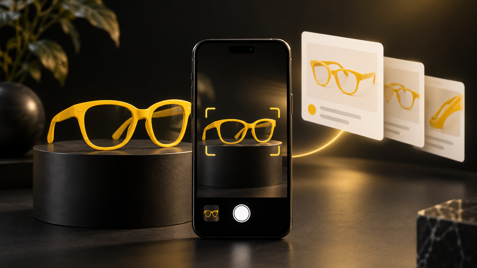Teléfono que encuadra unos lentes amarillos, junto a tarjetas abstractas de resultados de búsqueda