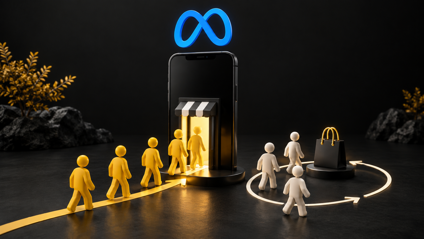 Ilustración conceptual de clientes nuevos y recurrentes alrededor de una tienda en un teléfono, con el símbolo de Meta.