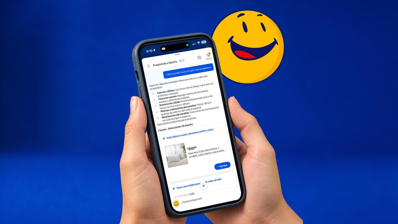 Teléfono con el asistente de compras Sparky en la app de Walmart, sobre fondo azul y junto a su rostro amarillo.